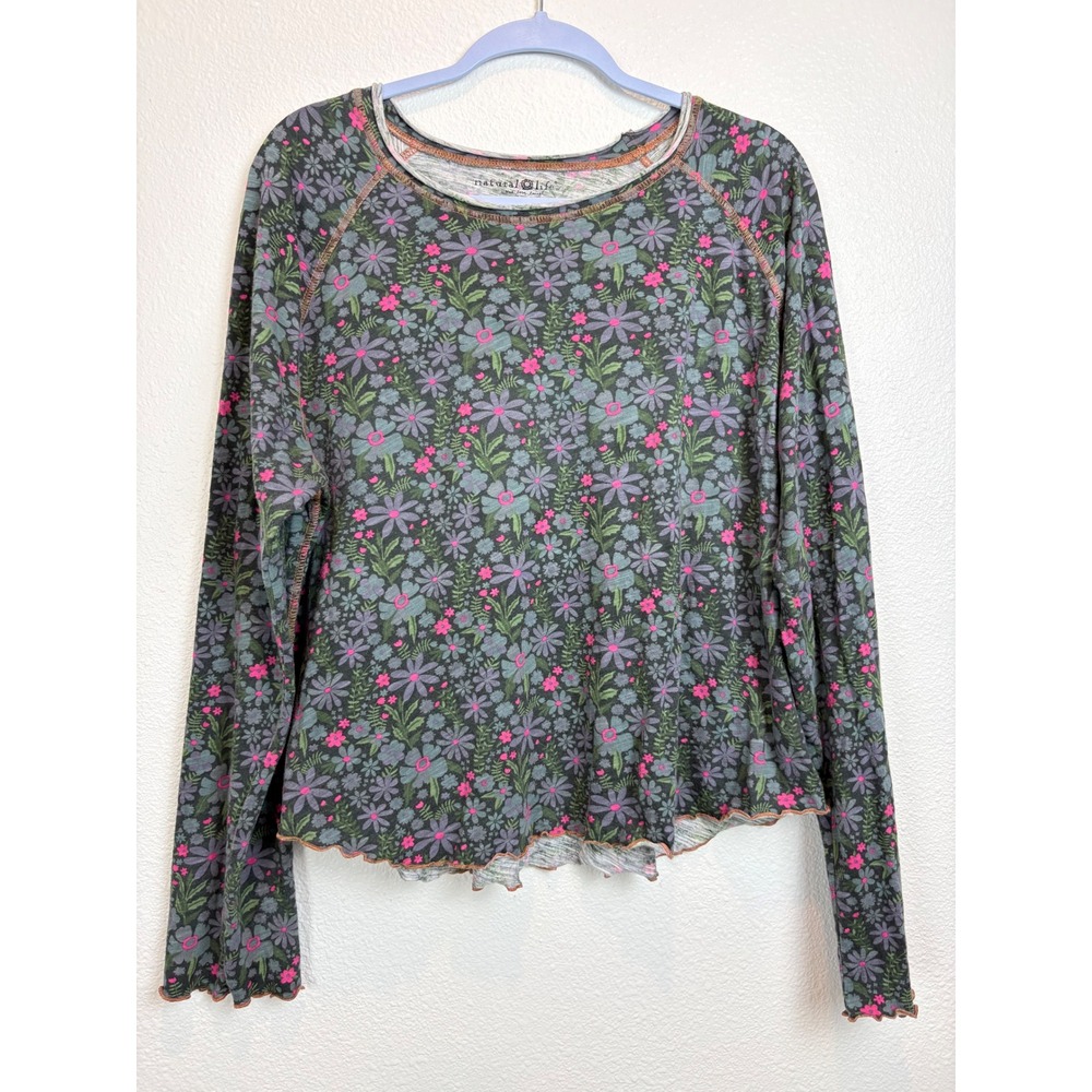 Natural Life Floral Long Sleeve Lettuce Edge Top XXL Gray Pink Cotton Raglan
